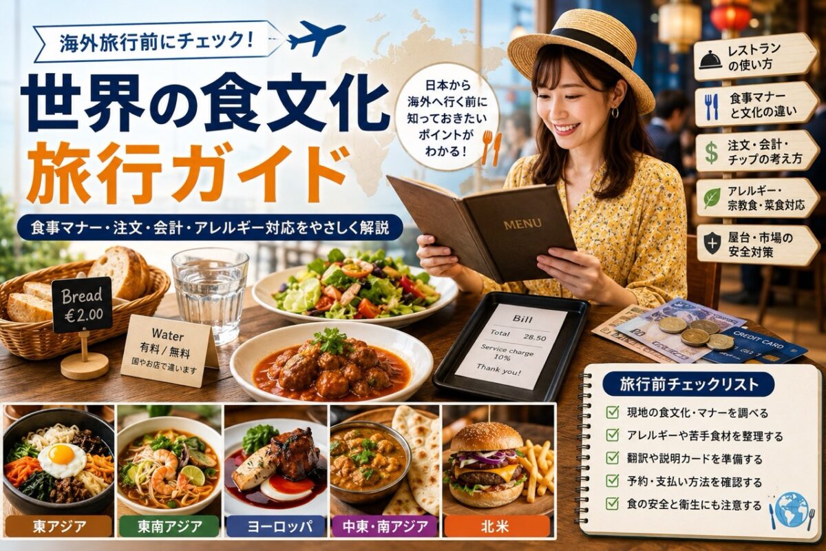 日本から海外旅行へ行く前に確認したいレストランの使い方、食事マナー、注文、会計、水やパン、アレルギー、宗教食、屋台の安全対策のチェックリスト