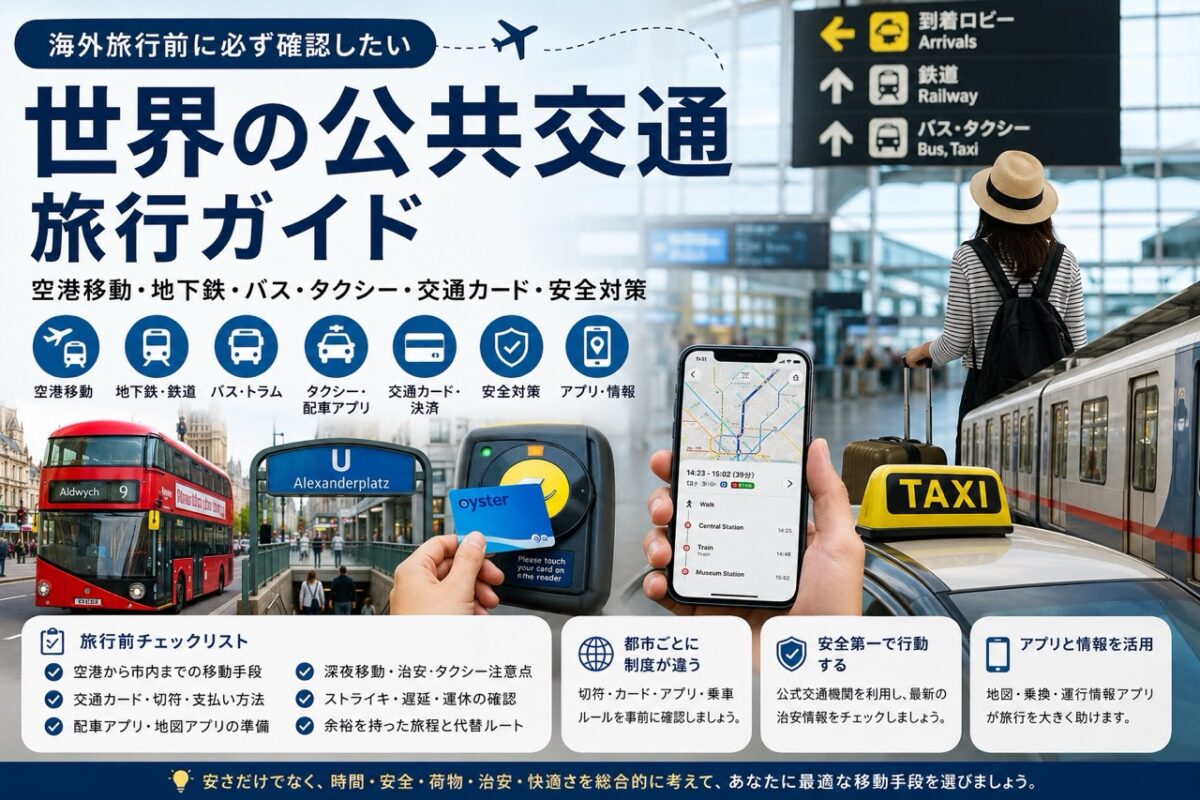 日本から海外旅行へ行く前に確認したい空港移動、地下鉄、バス、鉄道、タクシー、交通カード、配車アプリ、安全対策のチェックリスト