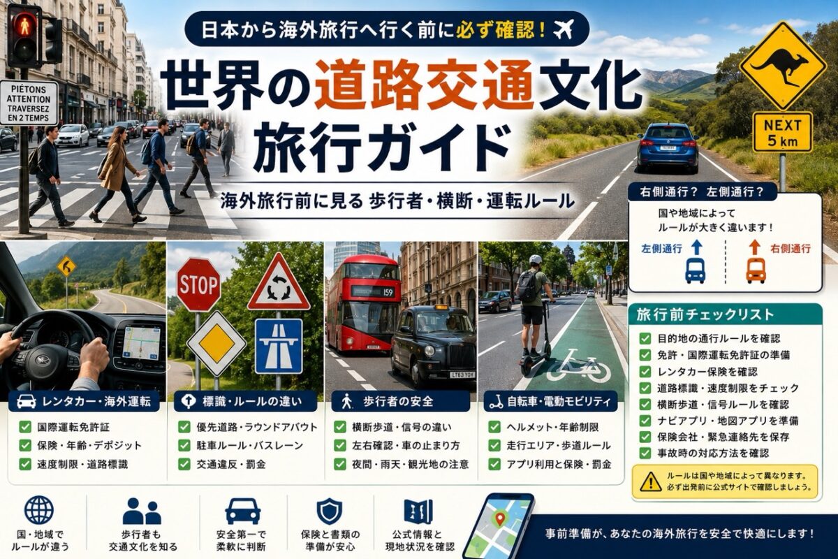 日本から海外旅行へ行く前に確認したい歩行者の安全、横断歩道、右側通行・左側通行、レンタカー、国際運転免許証、道路標識、交通ルールのチェックリスト