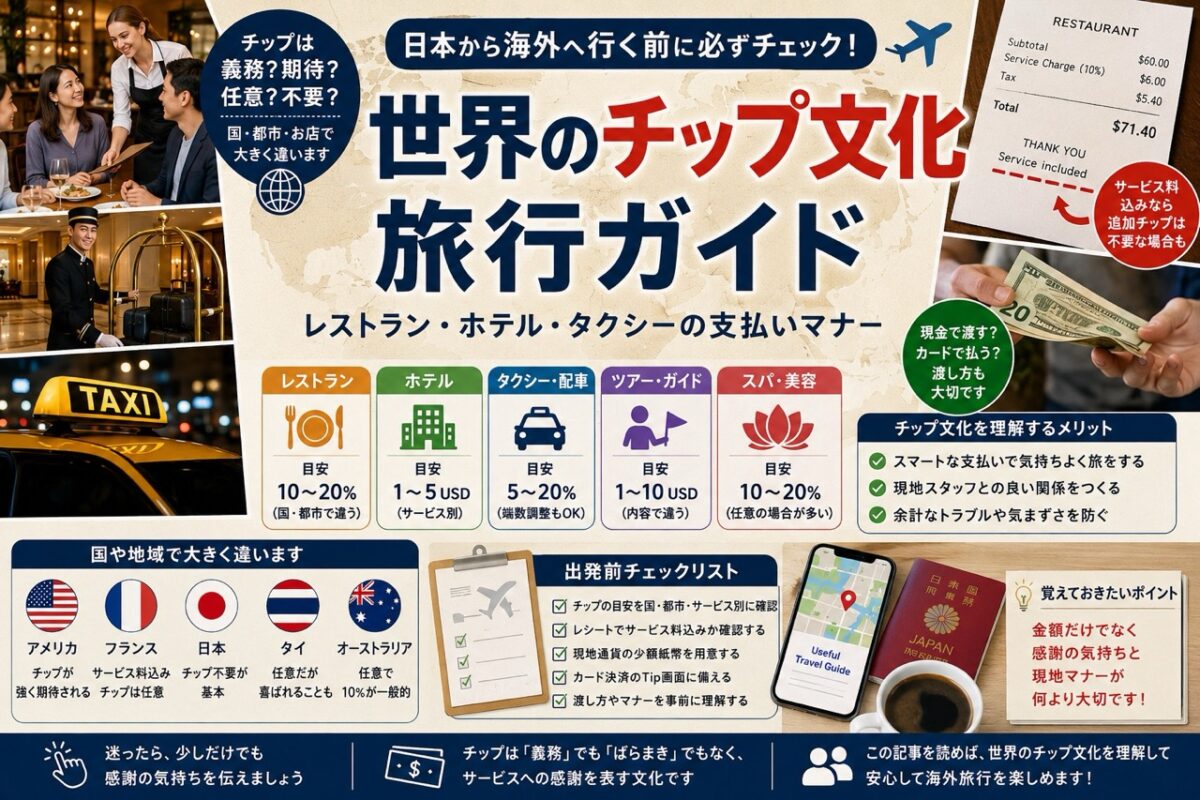 日本から海外旅行へ行く前に確認したいレストラン、ホテル、タクシー、配車アプリ、ツアーガイド、サービス料、現金チップ、カード決済のチェックリスト