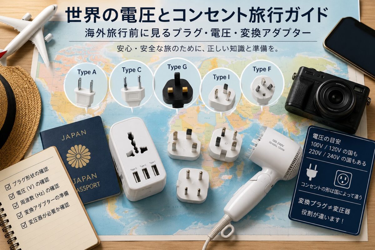日本から海外旅行へ行く前に確認したい世界のプラグタイプ、電圧、周波数、変換アダプター、変圧器のチェックリスト